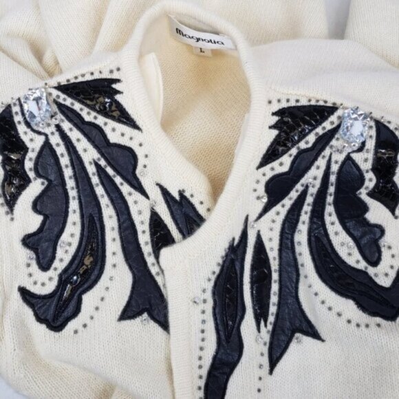 Vintage Lambswool Angora Open Cardigan Sweater Faux Leather Details with Bead… - Picture 6 of 15